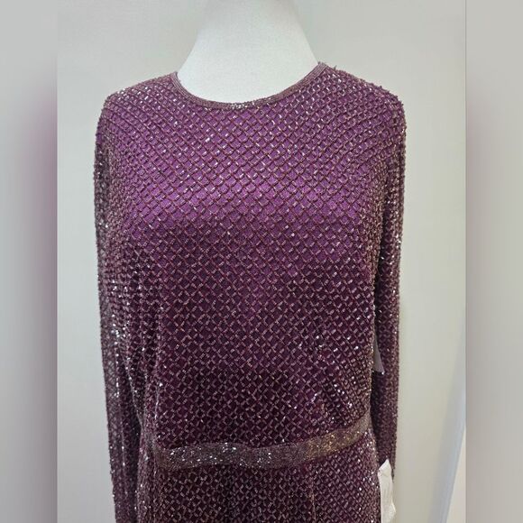 Mac Duggal 5056 Beaded High Neck Long Sleeve Gown NWT SZ 16 Purple - Picture 6 of 7
